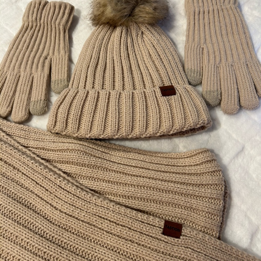 Jax Beige Knit Hat, Scarf, and Gloves Set